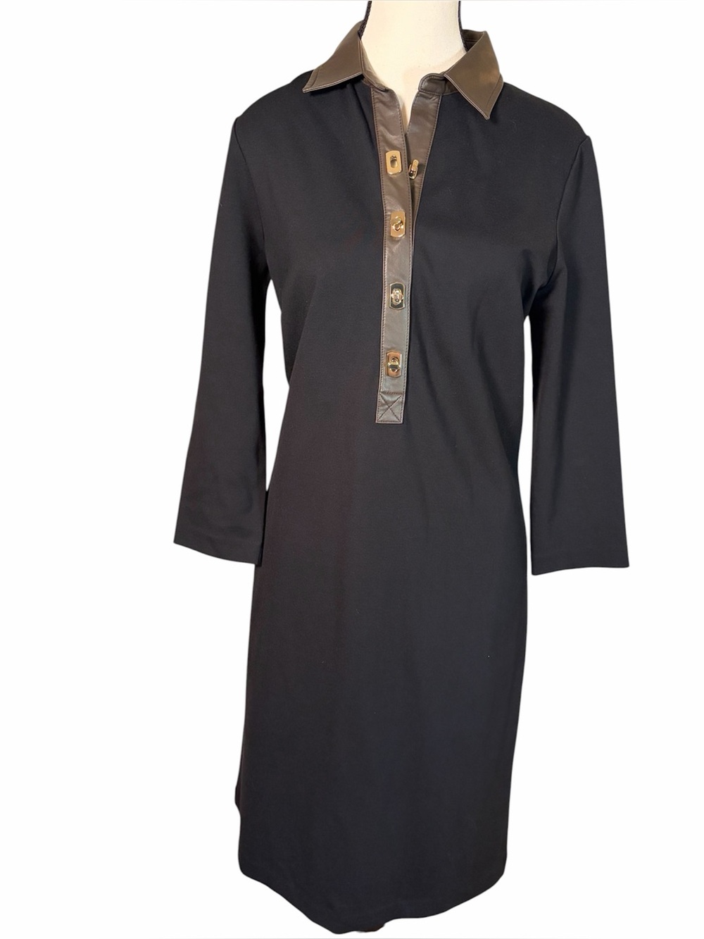 J. McLaughlin Falcon Dress Black Faux Leather Trim Toggle Clasps Women’s Size M